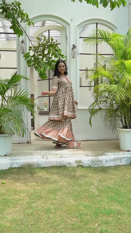 Hand Block Bagru Booti Printed Sharara Set With Emb At Yoke